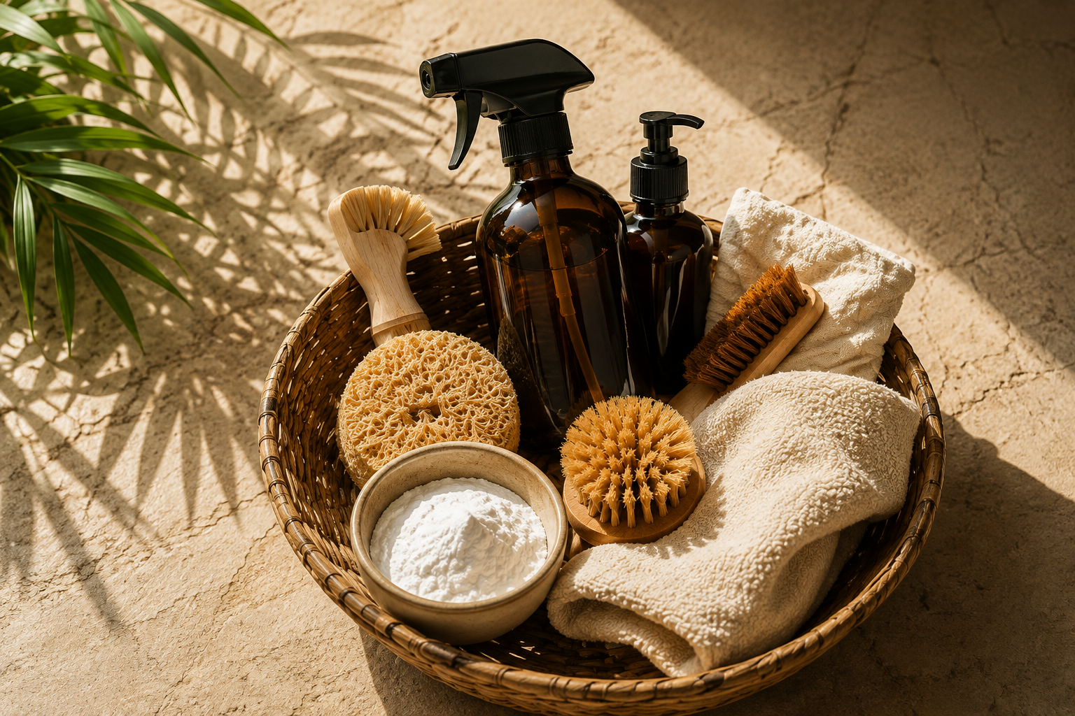 Natural cleaning supplies in a woven basket with tropical palm shadows