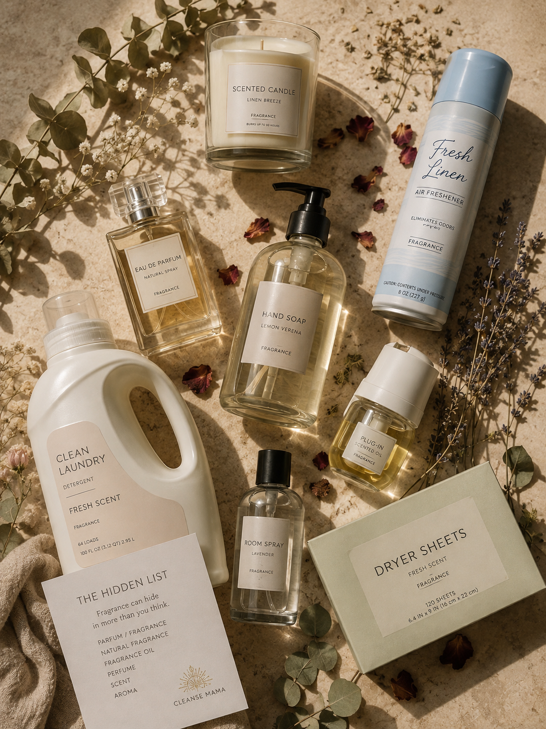 Flat lay of common household fragrance products including laundry detergent, hand soap, air freshener, candle, perfume, and dryer sheets, with a Cleanse Mama card reading "The Hidden List"