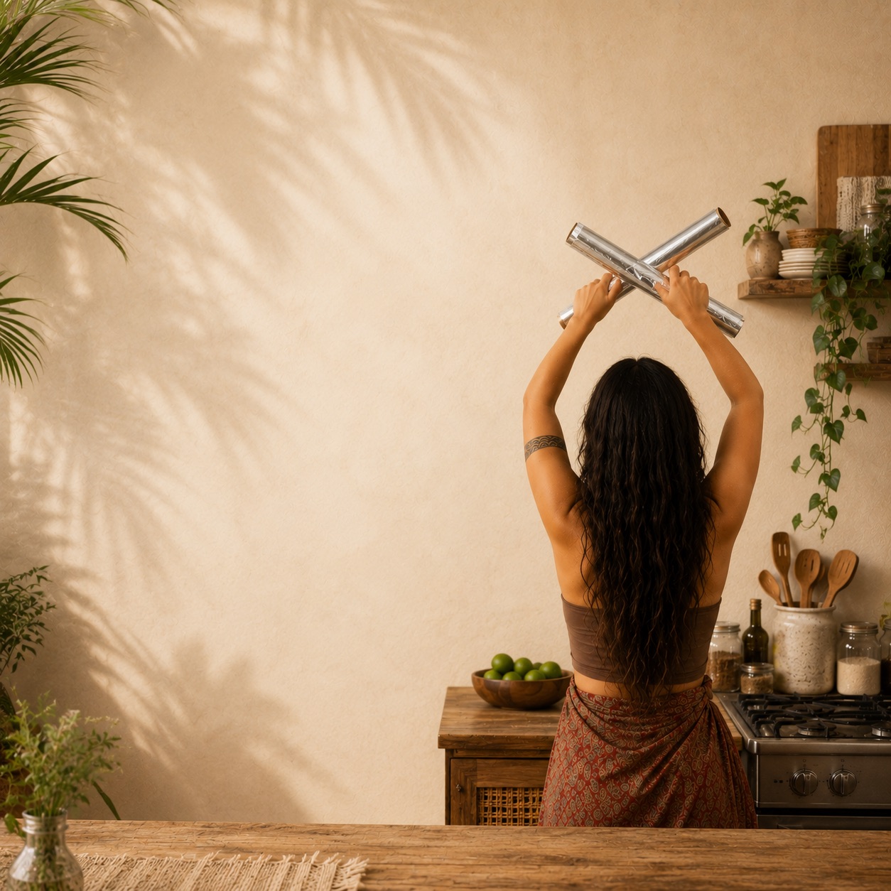 Woman in a warm tropical kitchen holding aluminum foil rolls above her head, ready to break the foil habit