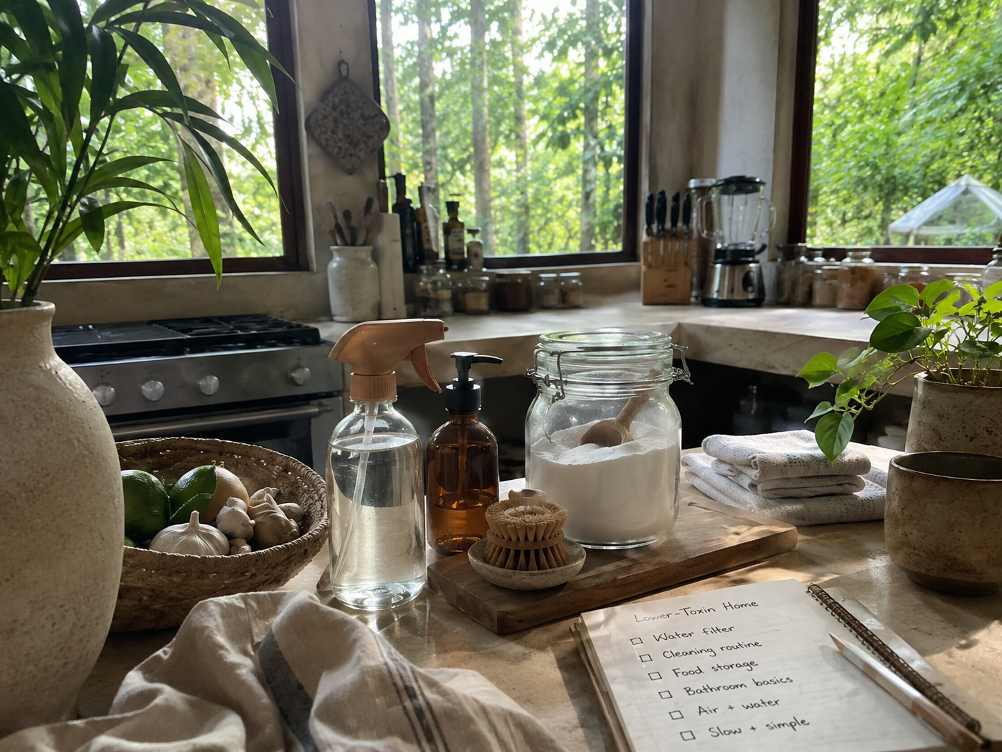 Jungle kitchen counter with glass spray bottle, baking soda jar, wooden brush and a lower-toxin home checklist