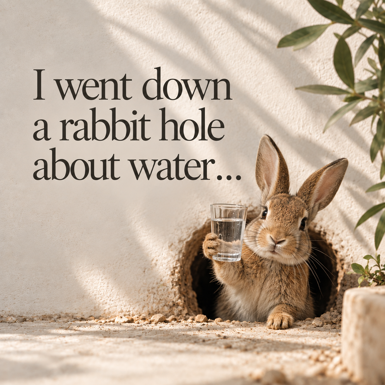 A rabbit holding a glass of water with text: I went down a rabbit hole about water