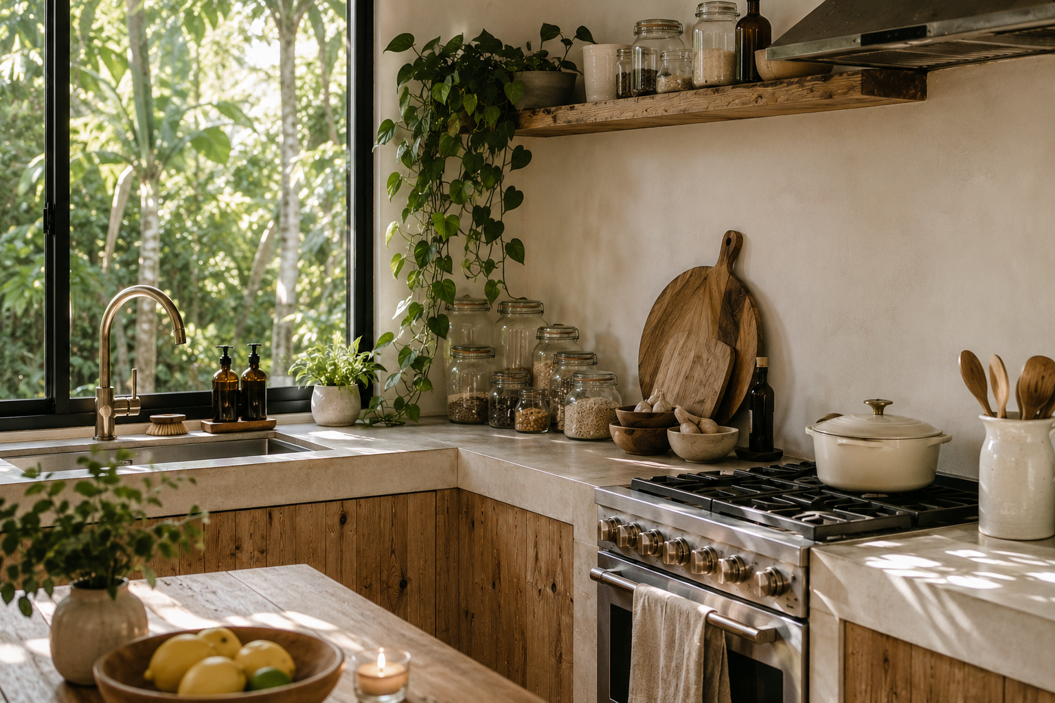 A low-toxin kitchen counter with glass storage and fresh produce