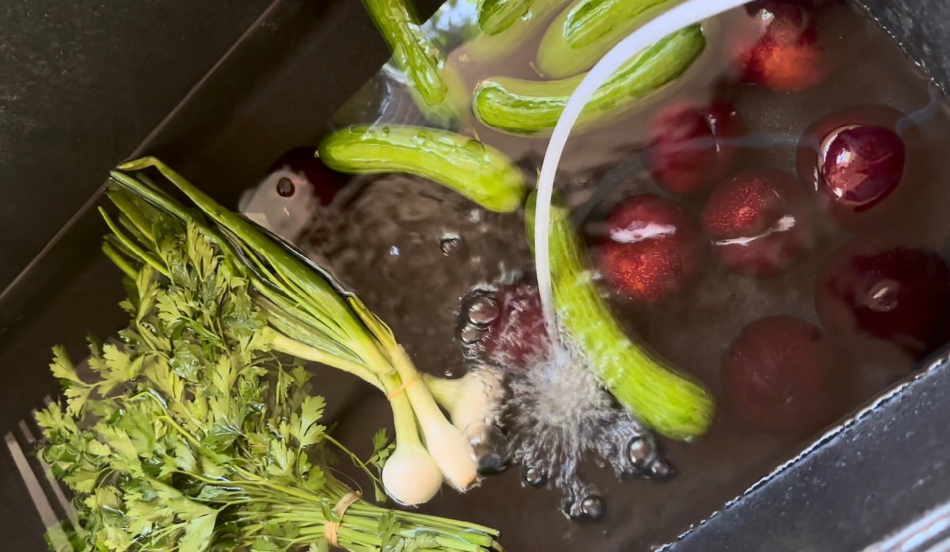Fresh produce and green onions being washed in a kitchen sink with an ozone generator bubbler