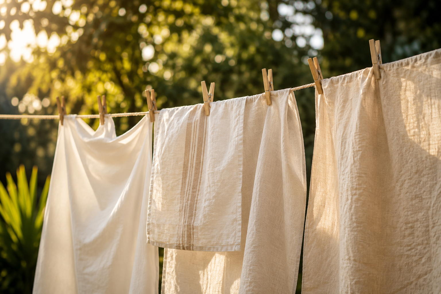 Natural linen towels drying on a clothesline in soft sunlight