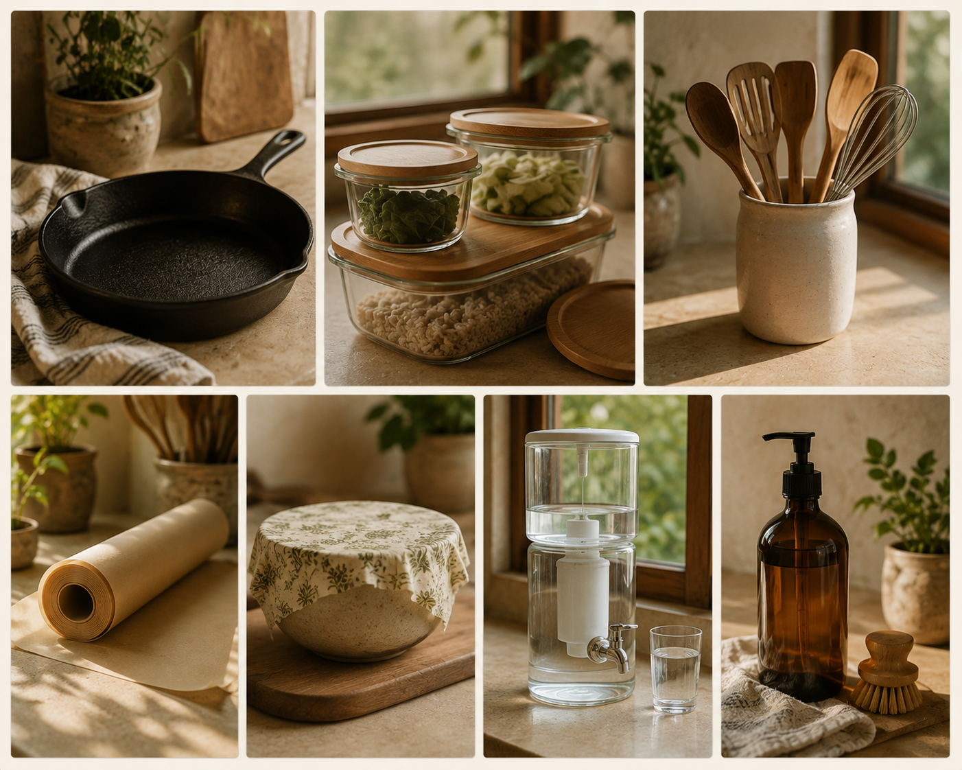 Collage of lasting kitchen swaps: cast iron, glass containers, wooden utensils, beeswax wrap, water filter, and refillable soap