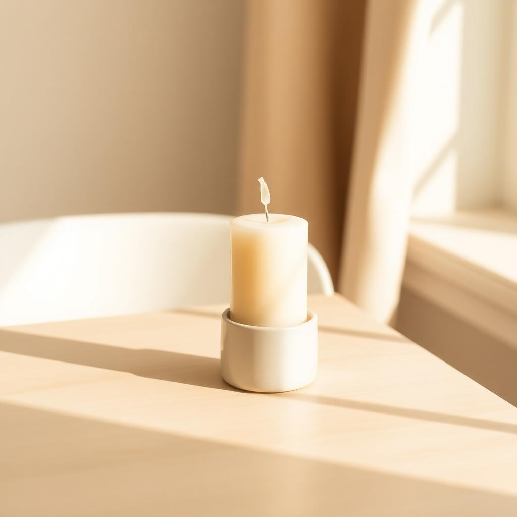 A cream pillar candle in a ceramic holder beside a bright window