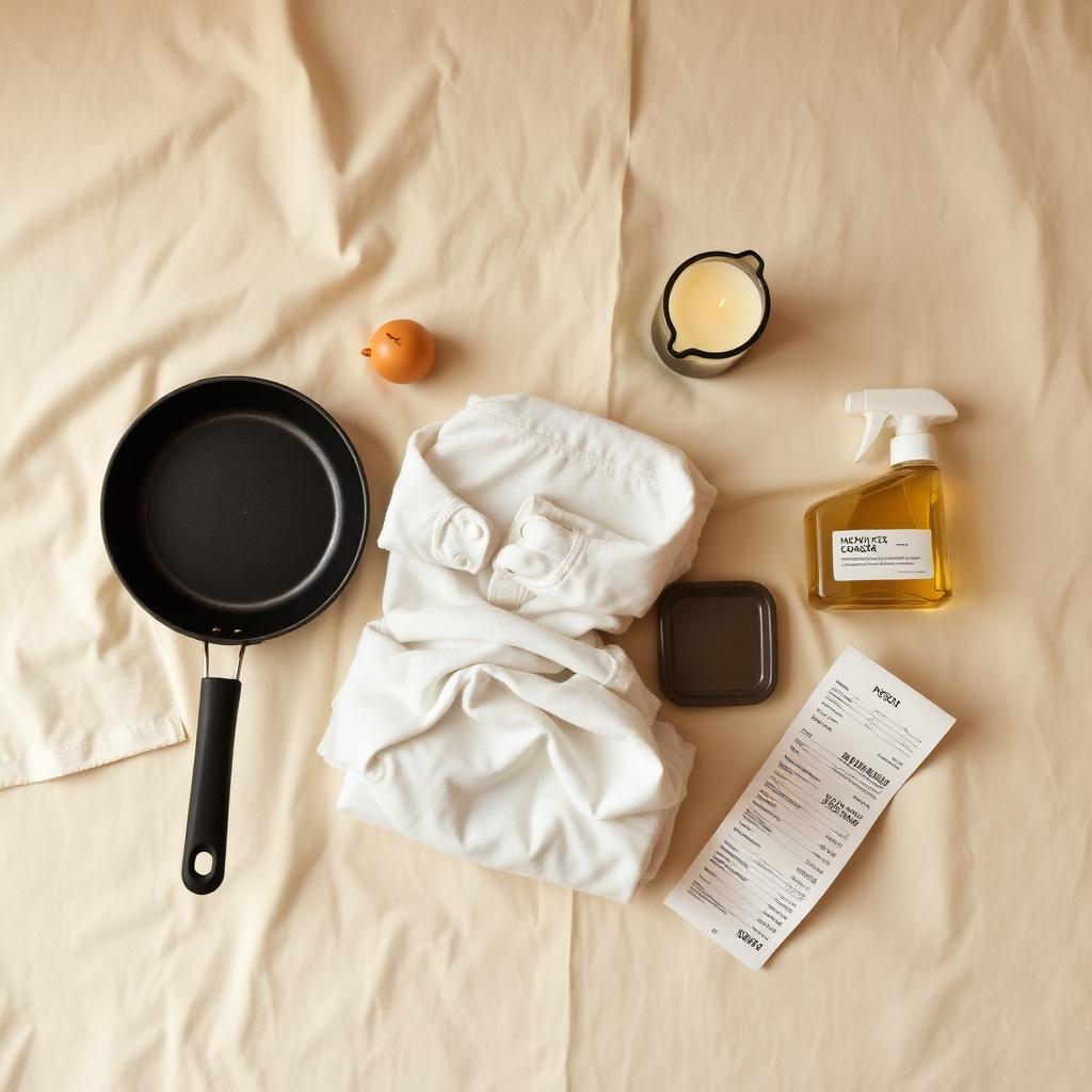 Six everyday household items on cream linen: a pan, folded laundry, a candle, a spray bottle, a food container, and a receipt