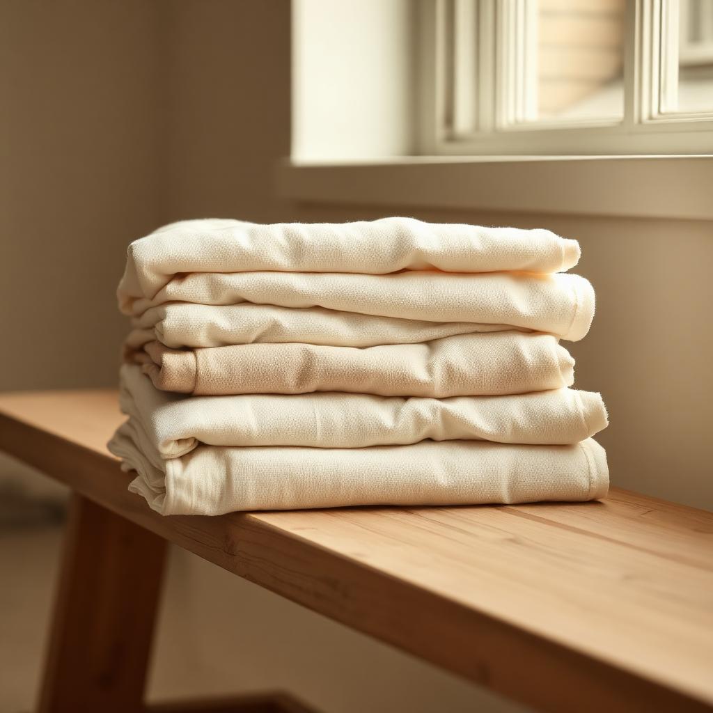 Folded natural linen laundry stacked on a wooden bench in soft light