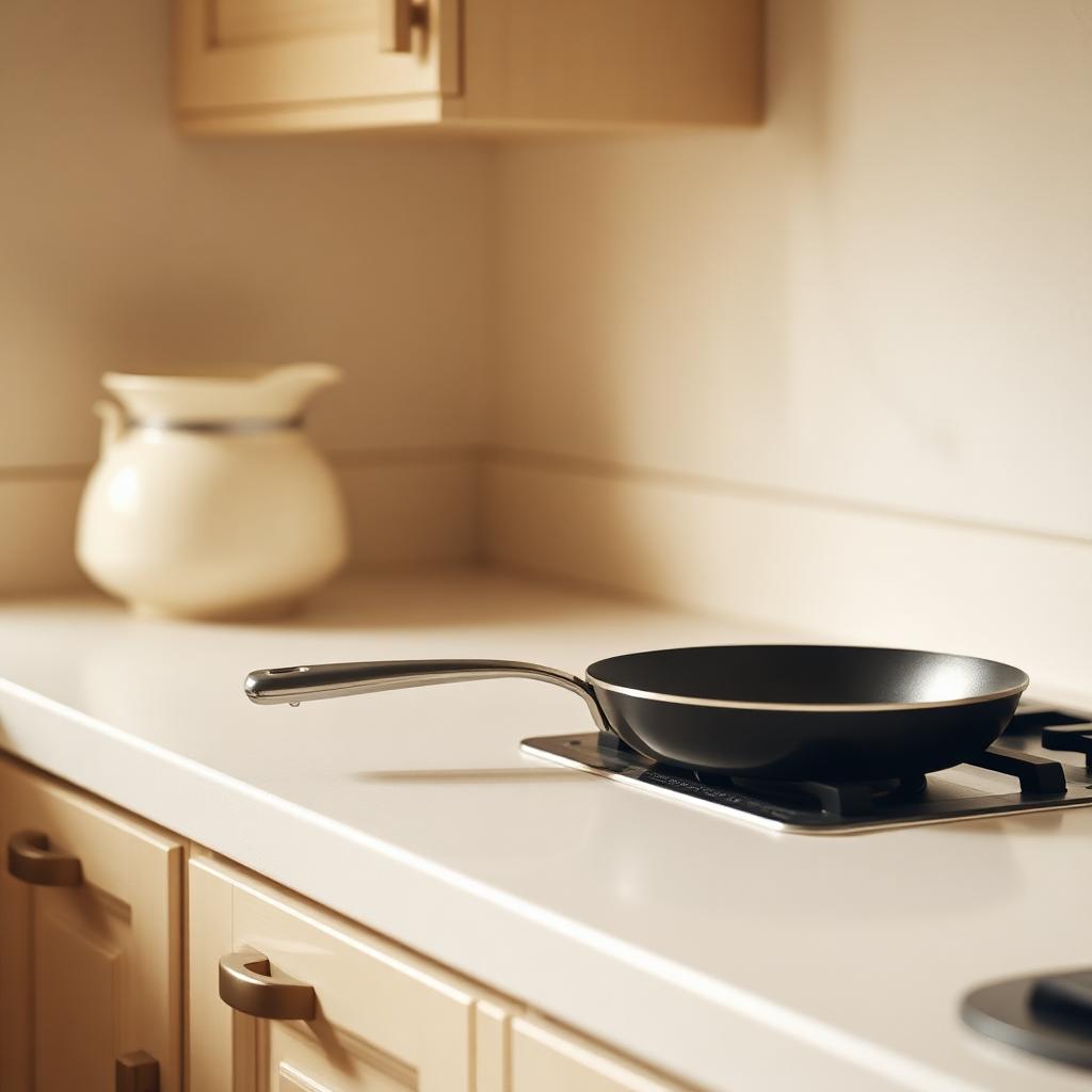 A nonstick frying pan on a cream kitchen counter in soft morning light