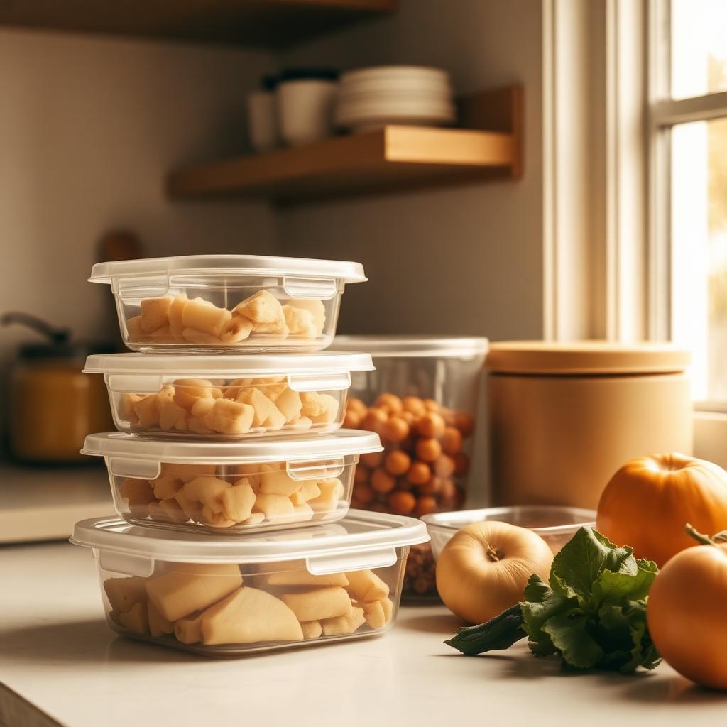 Clear plastic food storage containers on a kitchen counter