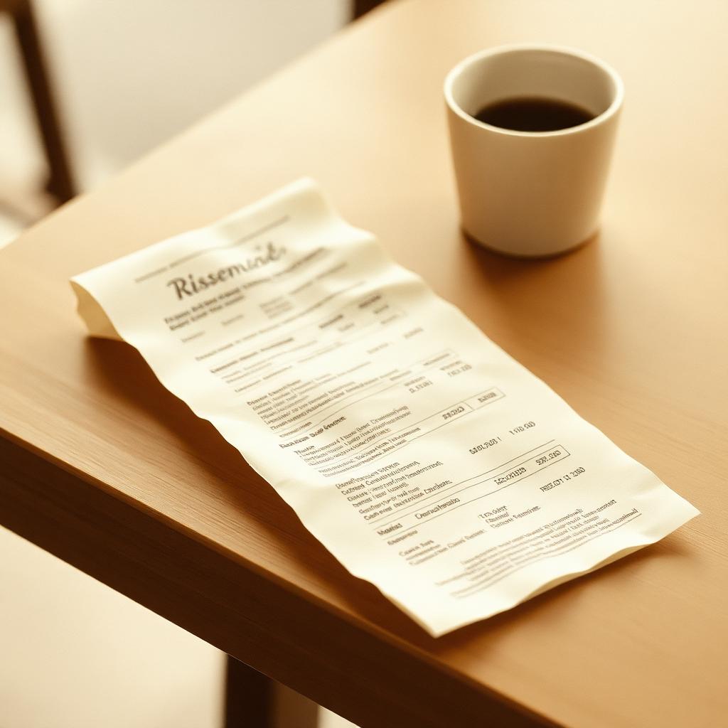 A paper receipt resting on a wooden cafe table