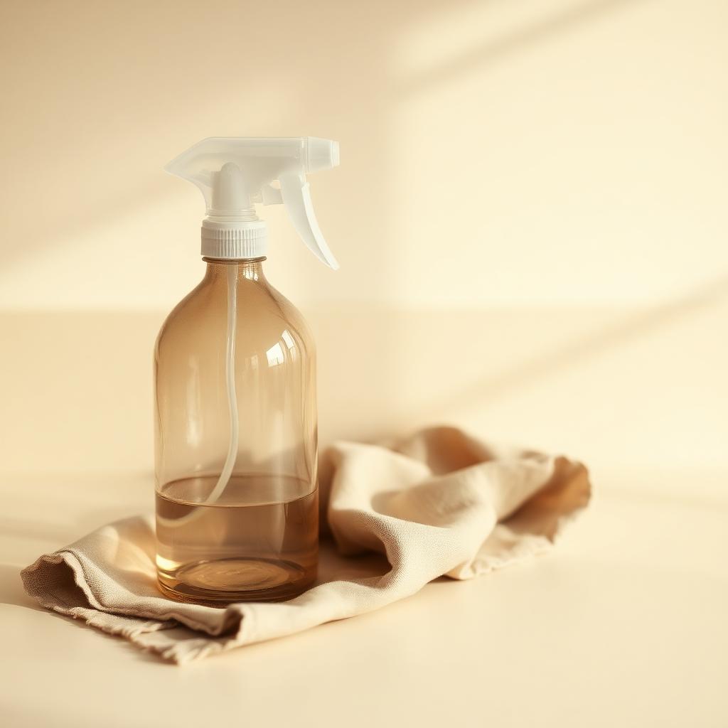 A glass spray bottle and linen cloth on a cream countertop